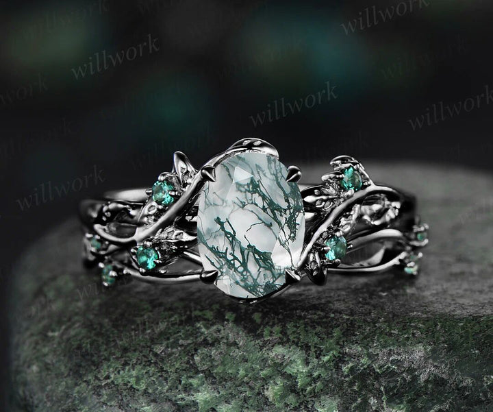 6x8mm oval cut natural moss agate nature inspired engagement ring set 14k rose gold twig leaf ring art deco emerald wedding band bridal set jewelry gifts Anniversary gift