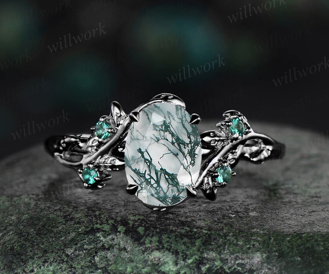 6x8mm oval cut natural moss agate nature inspired engagement ring set 14k rose gold twig leaf ring art deco emerald wedding band bridal set jewelry gifts Anniversary gift
