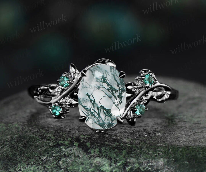6x8mm oval cut natural moss agate nature inspired engagement ring set 14k rose gold twig leaf ring art deco emerald wedding band bridal set jewelry gifts Anniversary gift