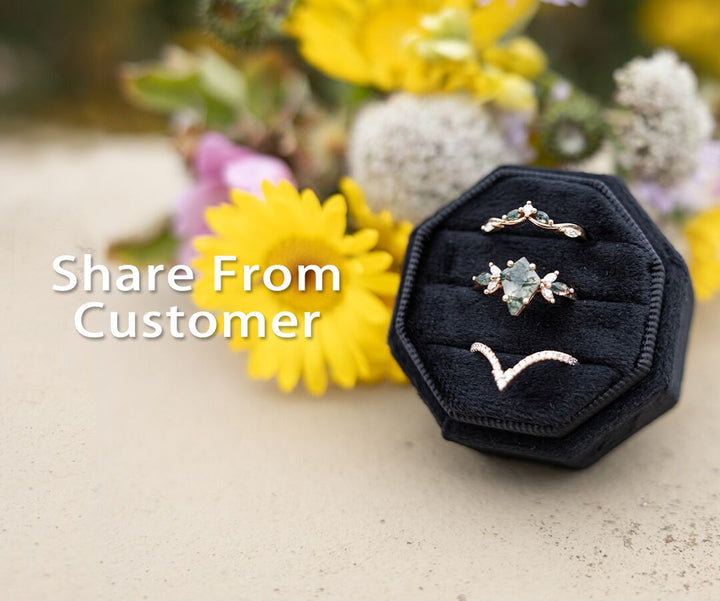 Kite cut moss agate engagement ring set unique marquise cluster ring diamonds half eternity curved wedding band green gemstone bridal ring set
