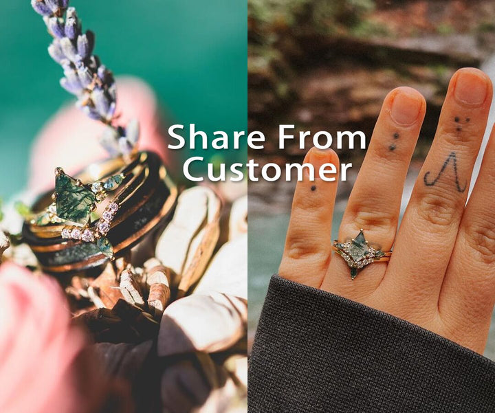 1.5ct Unique kite cut moss agate engagement ring set marquise cut moss agate ring vintage rose gold 6 prong diamond wedding ring set women
