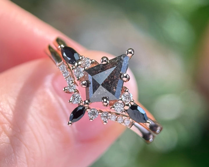 Rose Cut Natural Genuine Kite Salt and Pepper Diamond Engagement Ring Set Black Diamond Bridal Wedding Ring Set for Women