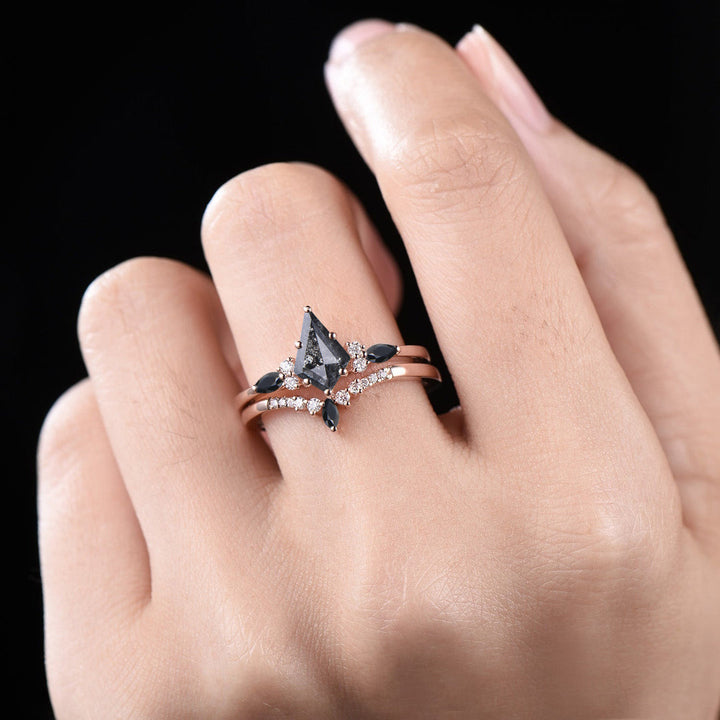 Rose Cut Natural Genuine Kite Salt and Pepper Diamond Engagement Ring Set Black Diamond Bridal Wedding Ring Set for Women