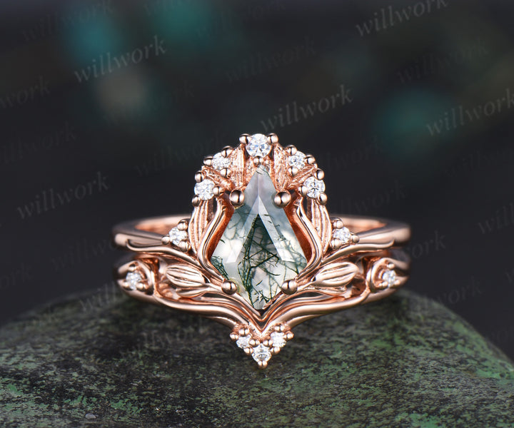 Leaf kite cut moss agate ring vintage 14k rose gold nature inspired engagement ring women diamond unique promise bridal ring set jewelry