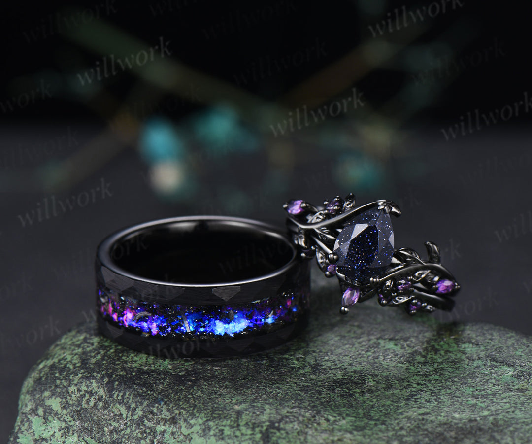Twig Leaf Pear Blue Sandstone Amethyst Ring Set& Tungsten Galaxy Nebula Men’s Band Unique Couple Ring Set