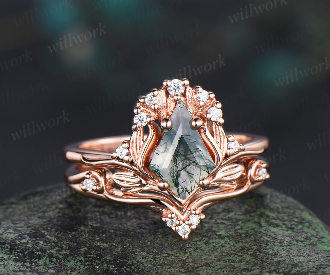 Leaf kite cut moss agate ring vintage 14k rose gold nature inspired engagement ring women diamond unique promise bridal ring set jewelry