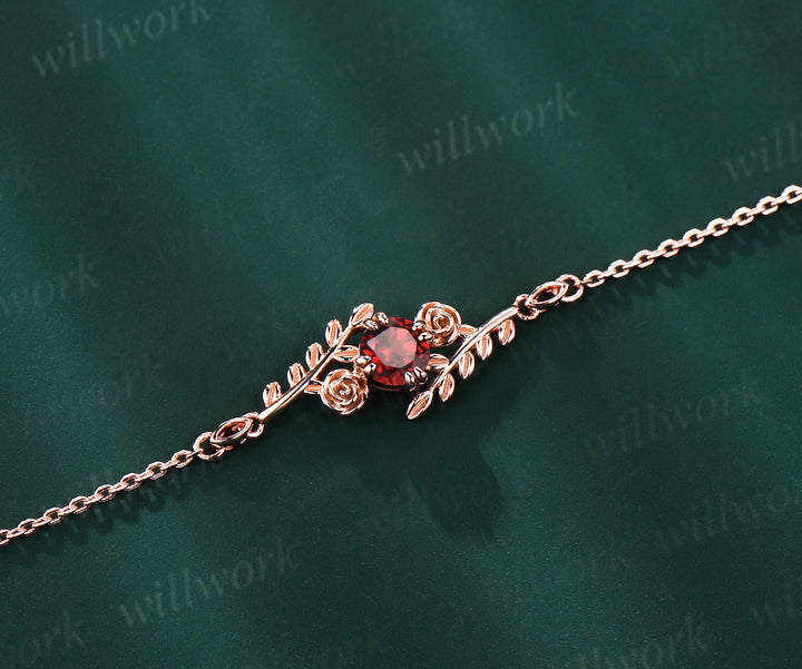 Branch Leaf Round Natural Garnet Bracelet 14k Rose Gold Floral Wedding Bracelet Nature Inspired Rose Flower Bracelet Proposal Gift for Women