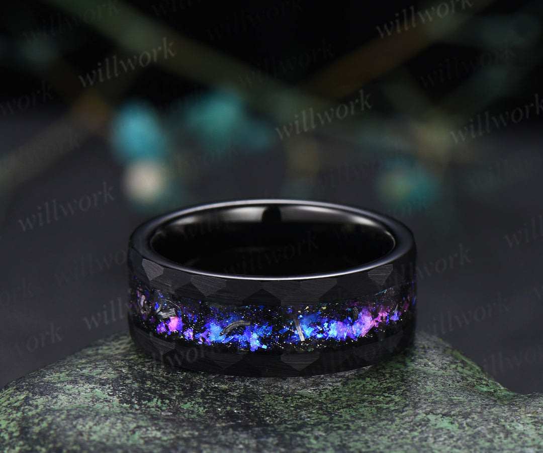Twig Leaf Pear Blue Sandstone Amethyst Ring Set& Tungsten Galaxy Nebula Men’s Band Unique Couple Ring Set