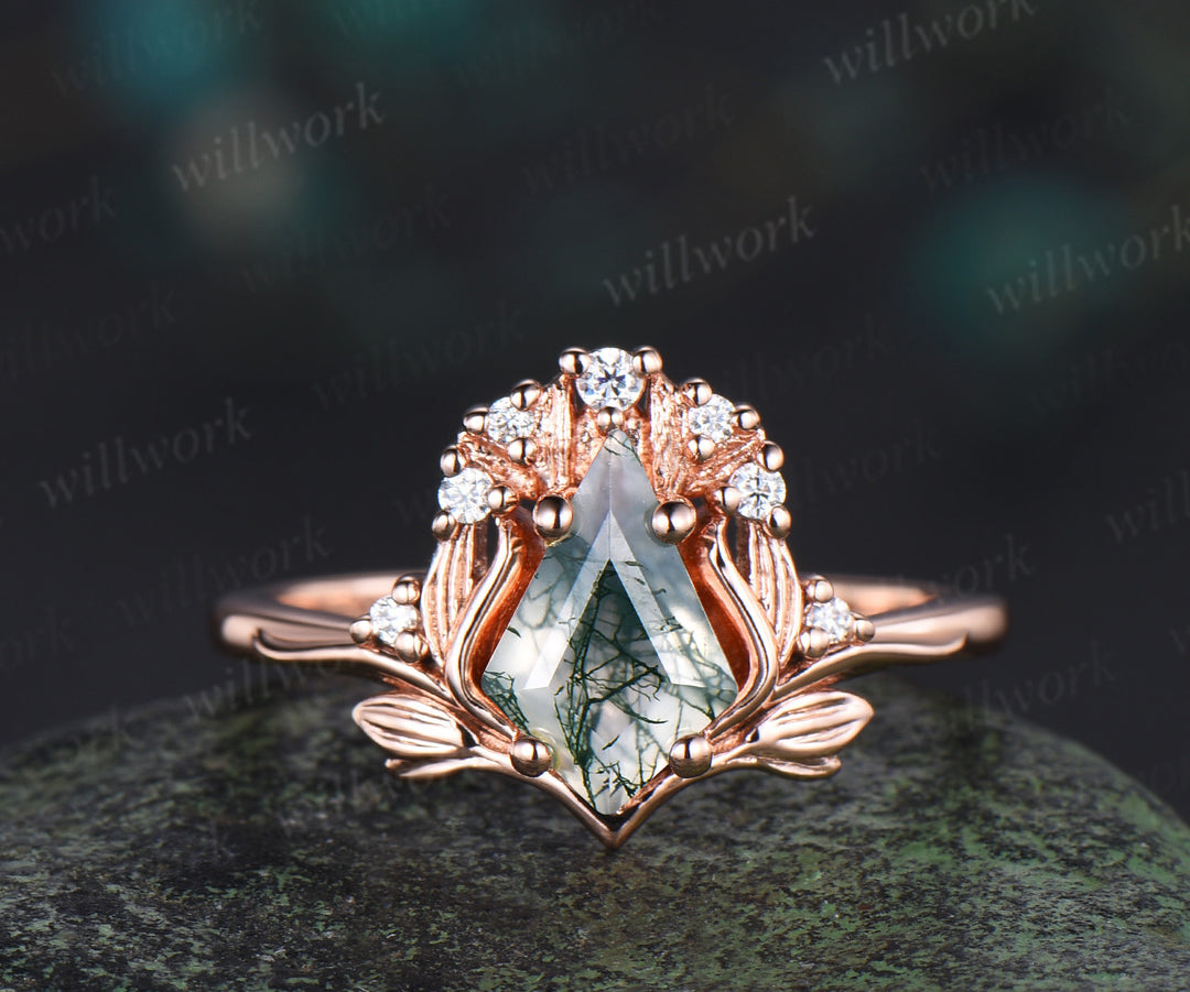 Leaf kite cut moss agate ring vintage 14k rose gold nature inspired engagement ring women diamond unique promise bridal ring set jewelry