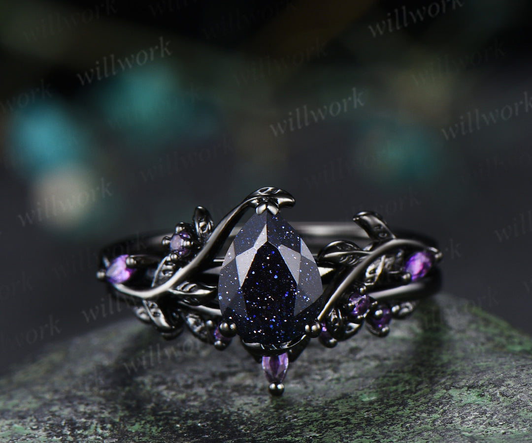 Twig Leaf Pear Blue Sandstone Amethyst Ring Set& Tungsten Galaxy Nebula Men’s Band Unique Couple Ring Set