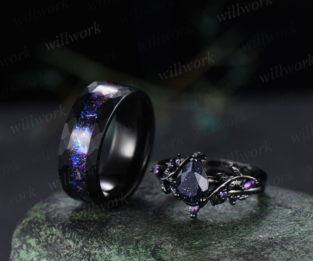 Twig Leaf Pear Blue Sandstone Amethyst Ring Set& Tungsten Galaxy Nebula Men’s Band Unique Couple Ring Set
