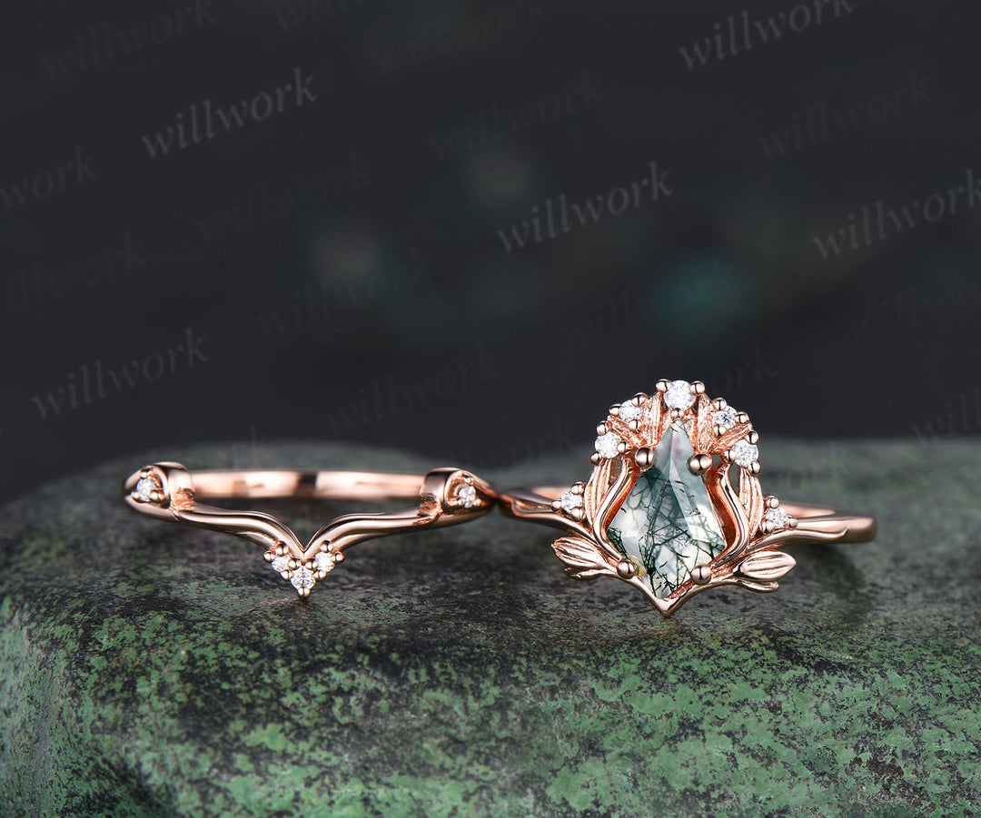 Leaf kite cut moss agate ring vintage 14k rose gold nature inspired engagement ring women diamond unique promise bridal ring set jewelry