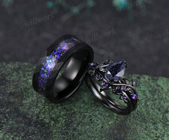 Twig Leaf Pear Blue Sandstone Amethyst Ring Set& Tungsten Galaxy Nebula Men?¡®s Band Unique Couple Ring Set