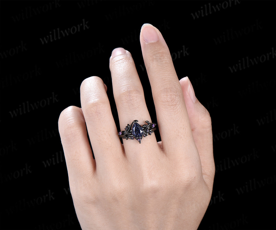 Twig Leaf Pear Blue Sandstone Amethyst Ring Set& Tungsten Galaxy Nebula Men’s Band Unique Couple Ring Set
