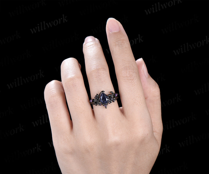 Twig Leaf Pear Blue Sandstone Amethyst Ring Set& Tungsten Galaxy Nebula Men’s Band Unique Couple Ring Set
