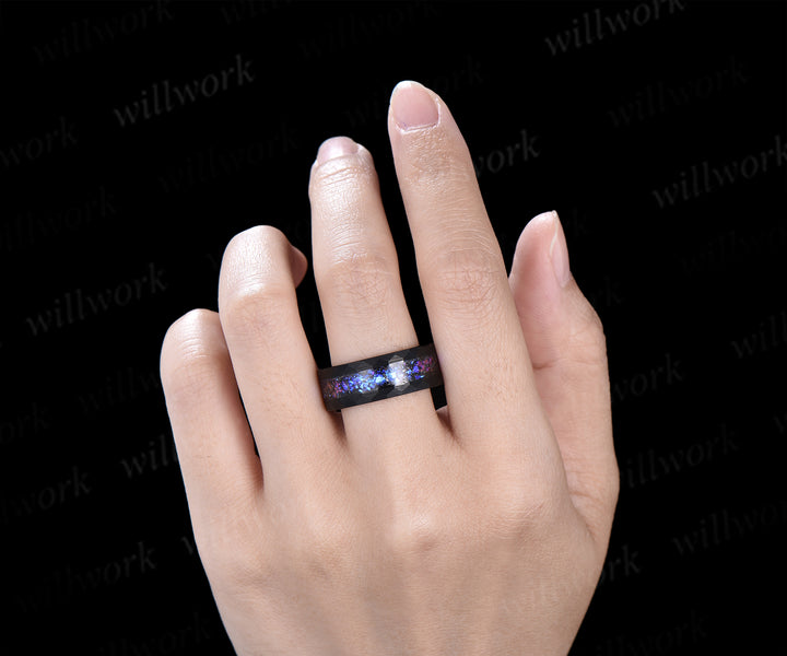 Twig Leaf Pear Blue Sandstone Amethyst Ring Set& Tungsten Galaxy Nebula Men’s Band Unique Couple Ring Set