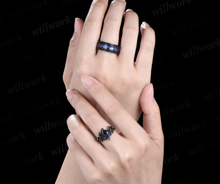 Twig Leaf Pear Blue Sandstone Amethyst Ring Set& Tungsten Galaxy Nebula Men’s Band Unique Couple Ring Set