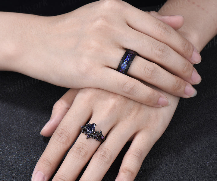 Twig Leaf Pear Blue Sandstone Amethyst Ring Set& Tungsten Galaxy Nebula Men’s Band Unique Couple Ring Set