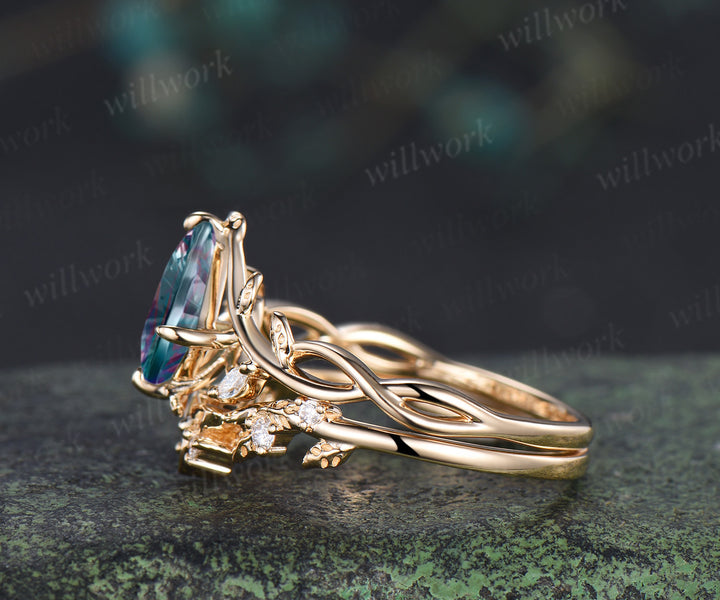 Kite Fantasy Alexandrite Infinity Engagement Ring Set Diamond Accent Leafy Vine Ring Celtic Knot Wedding Band Unique Bridal Set