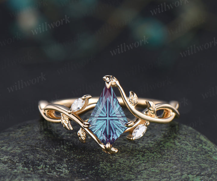 Kite Fantasy Alexandrite Infinity Engagement Ring Set Diamond Accent Leafy Vine Ring Celtic Knot Wedding Band Unique Bridal Set