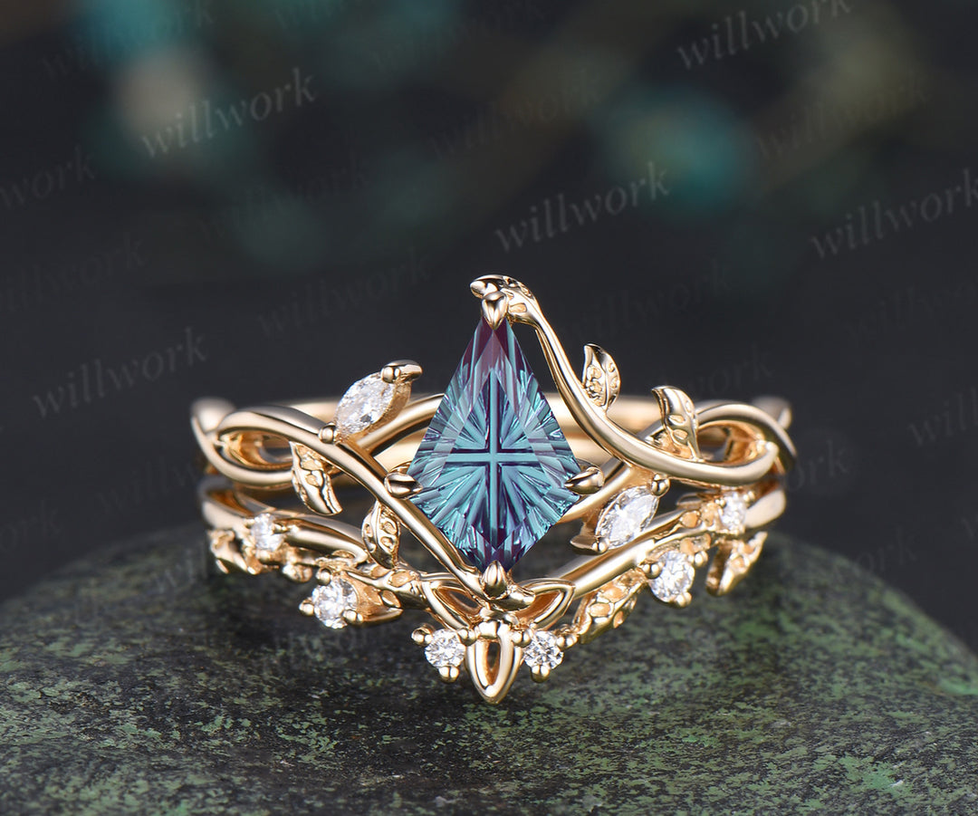 Kite Fantasy Alexandrite Infinity Engagement Ring Set Diamond Accent Leafy Vine Ring Celtic Knot Wedding Band Unique Bridal Set