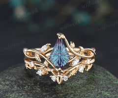 Kite Fantasy Alexandrite Infinity Engagement Ring Set Diamond Accent Leafy Vine Ring Celtic Knot Wedding Band Unique Bridal Set