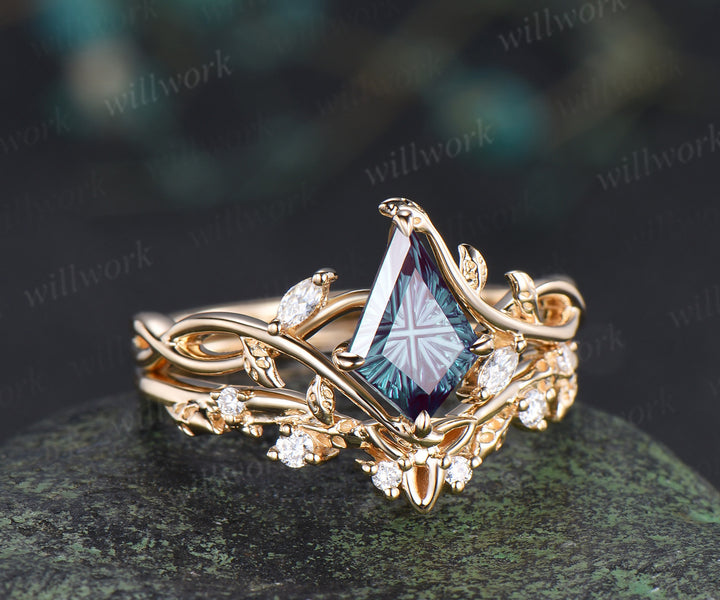 Kite Fantasy Alexandrite Infinity Engagement Ring Set Diamond Accent Leafy Vine Ring Celtic Knot Wedding Band Unique Bridal Set