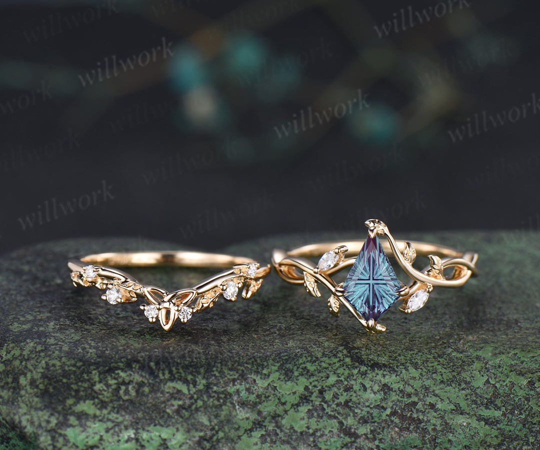 Kite Fantasy Alexandrite Infinity Engagement Ring Set Diamond Accent Leafy Vine Ring Celtic Knot Wedding Band Unique Bridal Set