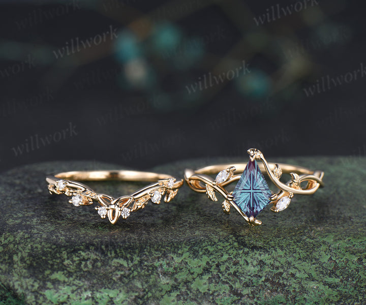 Kite Fantasy Alexandrite Infinity Engagement Ring Set Diamond Accent Leafy Vine Ring Celtic Knot Wedding Band Unique Bridal Set