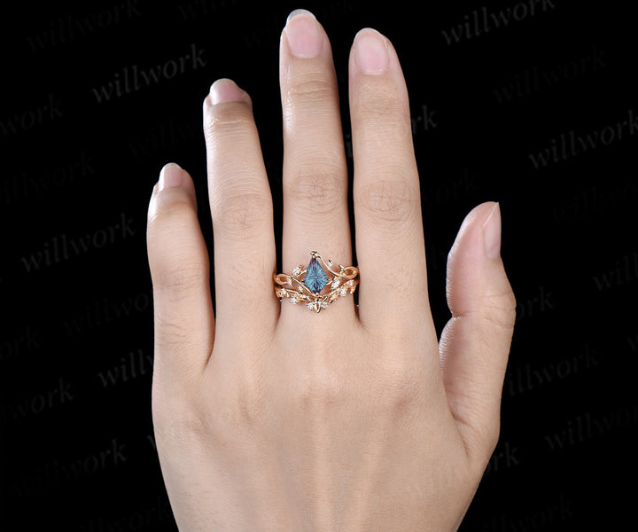 Kite Fantasy Alexandrite Infinity Engagement Ring Set Diamond Accent Leafy Vine Ring Celtic Knot Wedding Band Unique Bridal Set