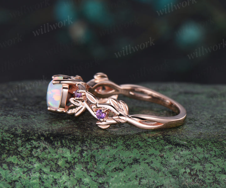 Twig opal ring vintage hexagon cut white opal engagement ring white gold leaf amethyst ring women October birthstone ring anniversary ring