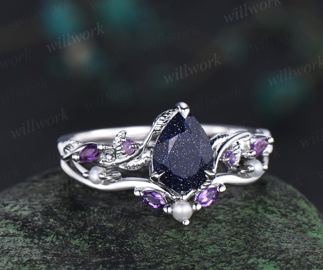 Nature Inspired Pear Galaxy Blue Sandstone pearl Bridal Set 14k black gold Unique Twig Vine Teardrop Blue Stone Engagement Ring Ring Set women