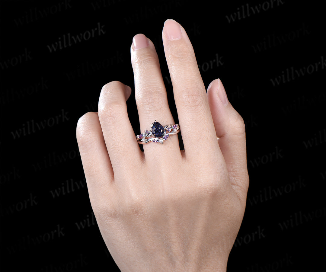 Nature Inspired Pear Galaxy Blue Sandstone pearl Bridal Set 14k black gold Unique Twig Vine Teardrop Blue Goldstone Engagement Ring Ring Set women