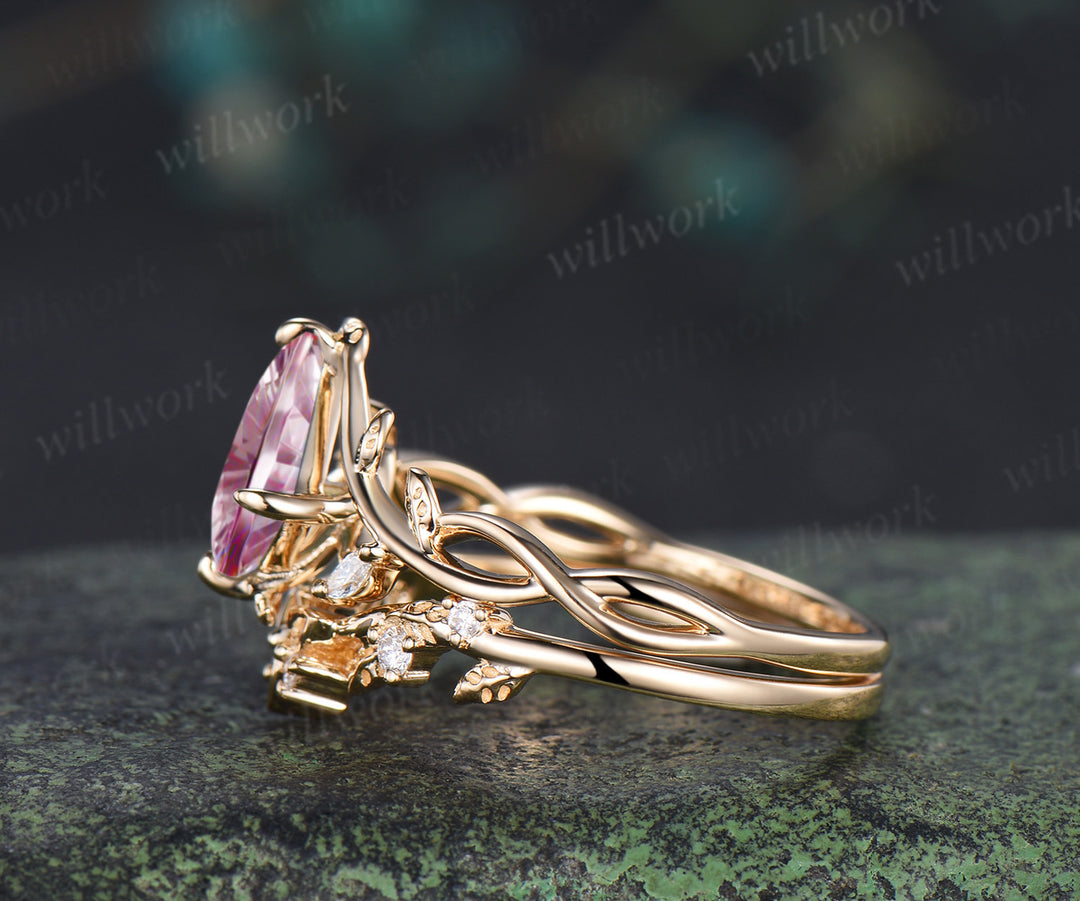 Kite Fantasy Padparadscha Infinity Engagement Ring Set Diamond Accent Leafy Ring Celtic Knot Wedding Band Pink Sapphire Bridal Set
