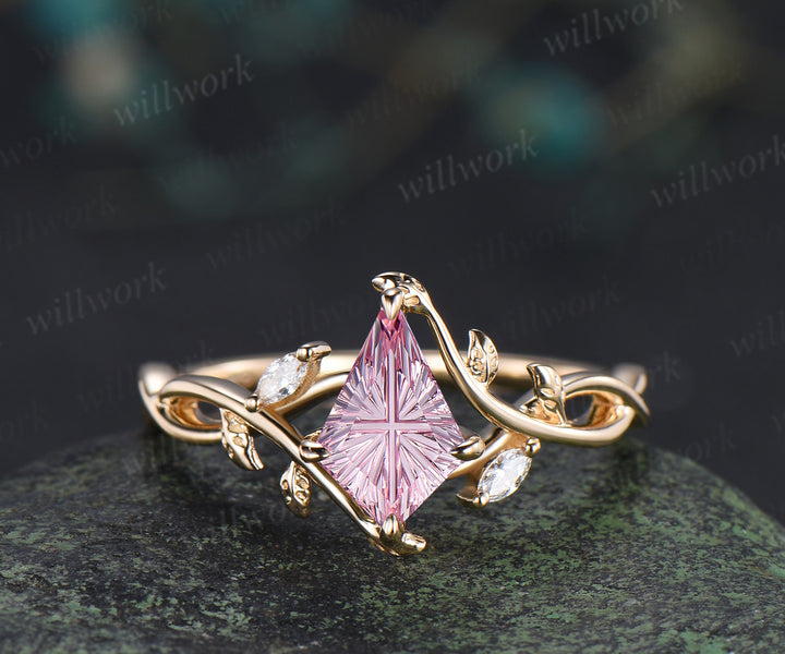 Kite Fantasy Padparadscha Infinity Engagement Ring Set Diamond Accent Leafy Ring Celtic Knot Wedding Band Pink Sapphire Bridal Set