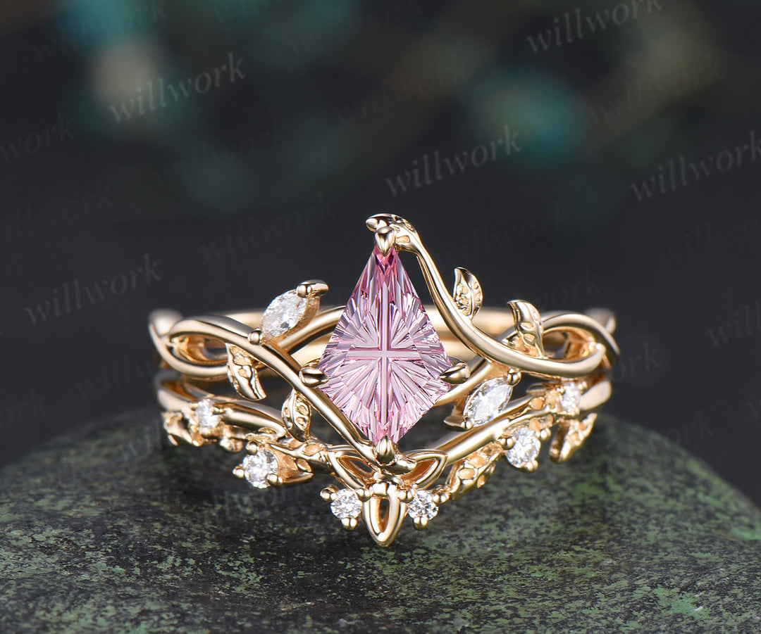 Kite Fantasy Padparadscha Infinity Engagement Ring Set Diamond Accent Leafy Ring Celtic Knot Wedding Band Pink Sapphire Bridal Set