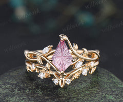 Kite Fantasy Padparadscha Infinity Engagement Ring Set Diamond Accent Leafy Ring Celtic Knot Wedding Band Pink Sapphire Bridal Set
