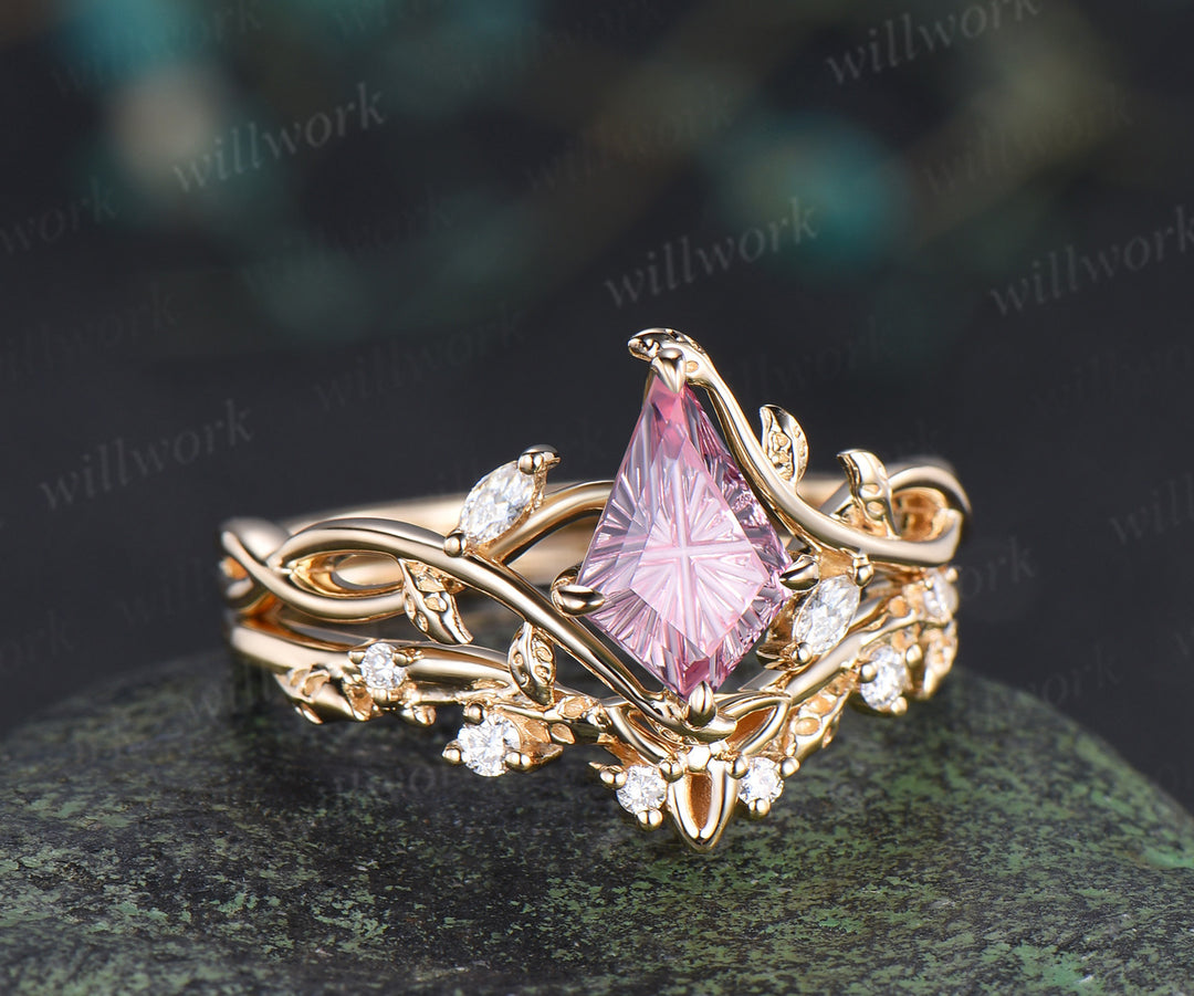 Kite Fantasy Padparadscha Infinity Engagement Ring Set Diamond Accent Leafy Ring Celtic Knot Wedding Band Pink Sapphire Bridal Set