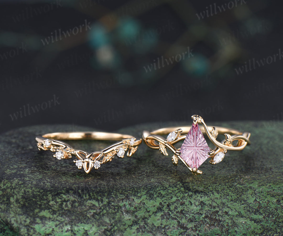 Kite Fantasy Padparadscha Infinity Engagement Ring Set Diamond Accent Leafy Ring Celtic Knot Wedding Band Pink Sapphire Bridal Set