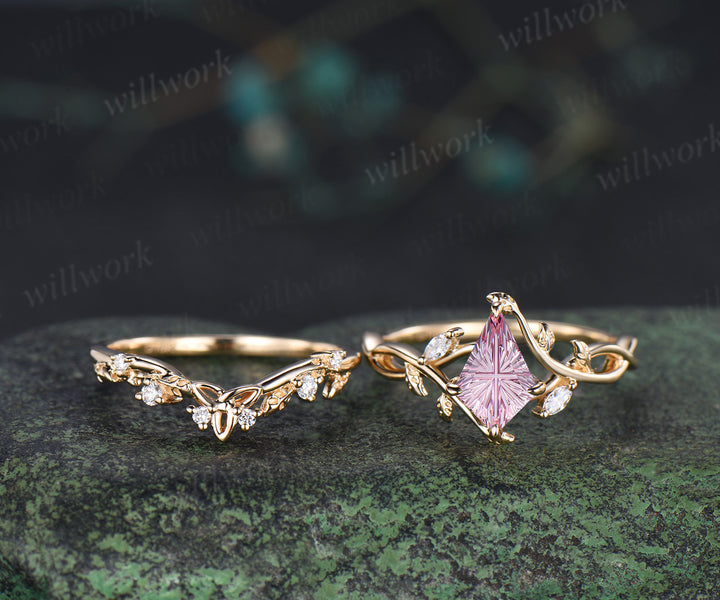 Kite Fantasy Padparadscha Infinity Engagement Ring Set Diamond Accent Leafy Ring Celtic Knot Wedding Band Pink Sapphire Bridal Set
