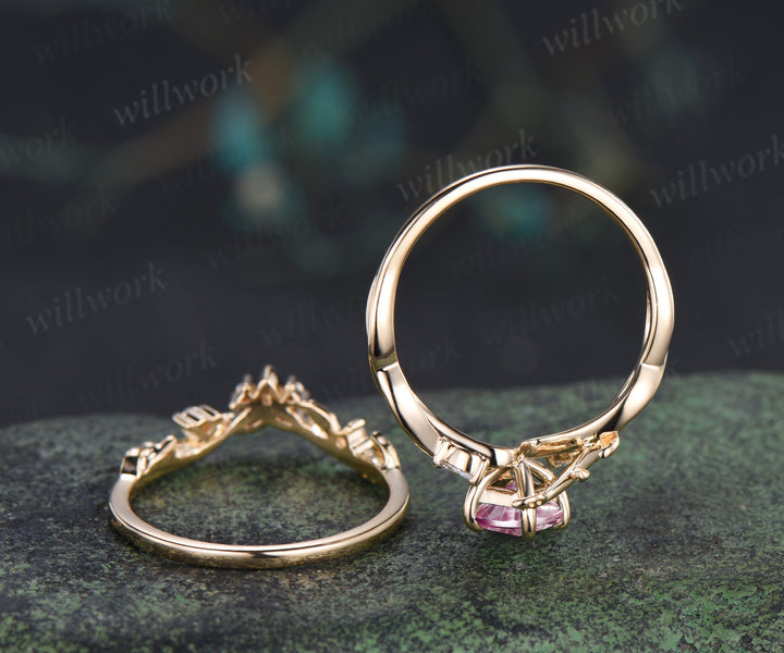 Kite Fantasy Padparadscha Infinity Engagement Ring Set Diamond Accent Leafy Ring Celtic Knot Wedding Band Pink Sapphire Bridal Set