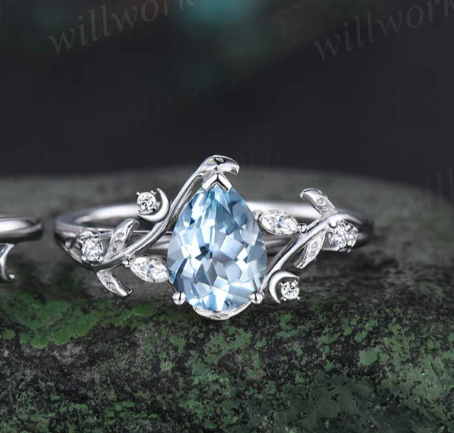 Vintage pear shaped aquamarine engagement ring white gold heart leaf moon nature inspired diamond bridal wedding ring set women jewelry gift
