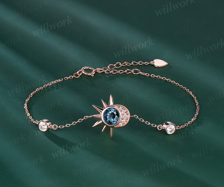 Round Cut Natural London Blue Topaz Bracelet 14k Rose Gold Minimalist Celestial Jewelry Unique Moon Star Sun Bracelet Art Deco Promise Gift