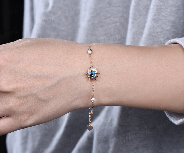 Round Cut Natural London Blue Topaz Bracelet 14k Rose Gold Minimalist Celestial Jewelry Unique Moon Star Sun Bracelet Art Deco Promise Gift