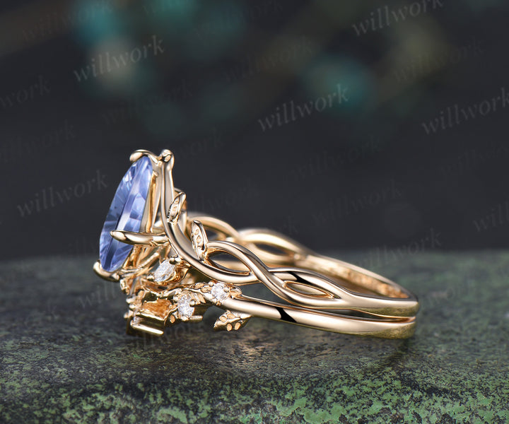 Kite Fantasy Cornflower Sapphire Infinity Engagement Ring Set Diamond Accent Leafy Vine Ring Celtic Knot Wedding Band Blue Sapphire Bridal Set