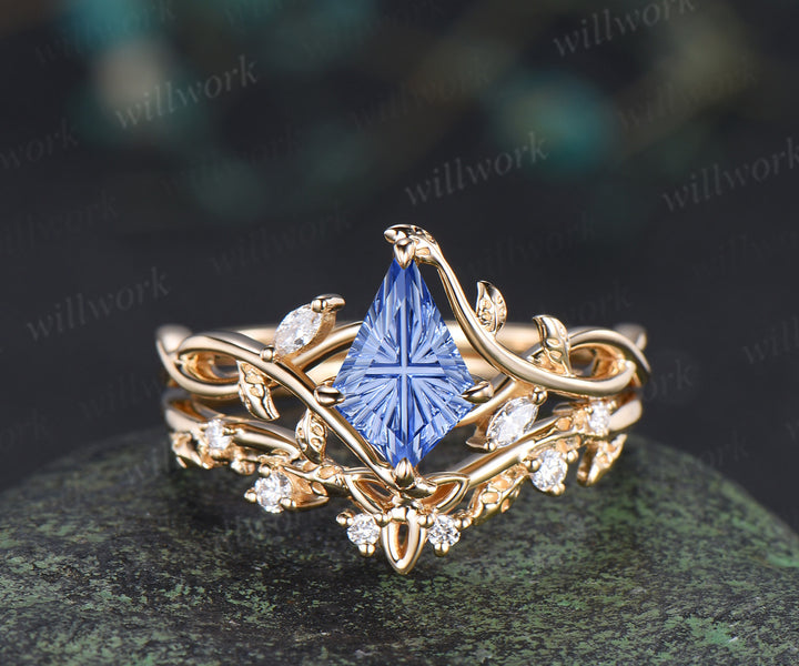 Kite Fantasy Cornflower Sapphire Infinity Engagement Ring Set Diamond Accent Leafy Vine Ring Celtic Knot Wedding Band Blue Sapphire Bridal Set