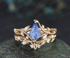 Kite Fantasy Cornflower Sapphire Infinity Engagement Ring Set Diamond Accent Leafy Vine Ring Celtic Knot Wedding Band Blue Sapphire Bridal Set