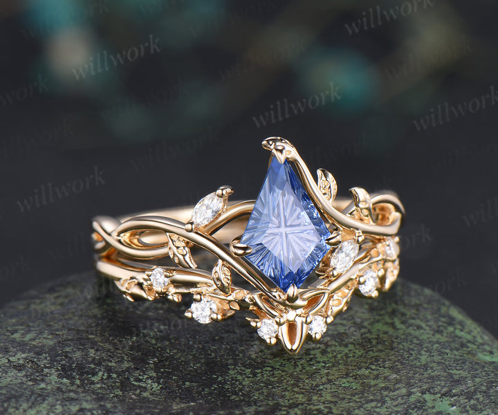 Kite Fantasy Cornflower Sapphire Infinity Engagement Ring Set Diamond Accent Leafy Vine Ring Celtic Knot Wedding Band Blue Sapphire Bridal Set