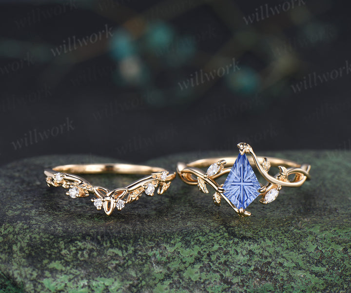 Kite Fantasy Cornflower Sapphire Infinity Engagement Ring Set Diamond Accent Leafy Vine Ring Celtic Knot Wedding Band Blue Sapphire Bridal Set
