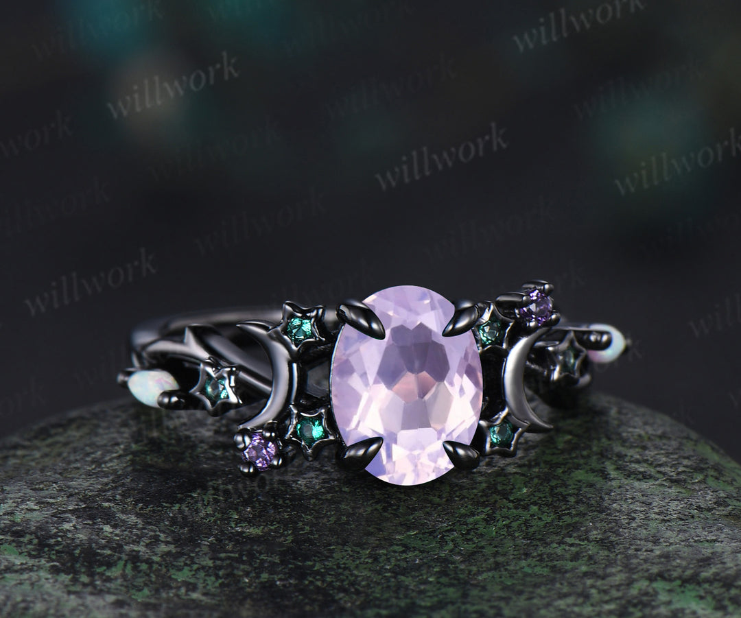 Unique Moon Star Lavender Amethyst Engagement Ring Magic Fire Opal Galaxy amethyst Emerald Amethyst ring black gold